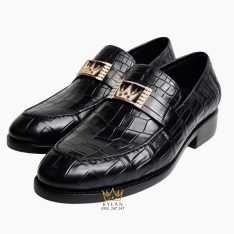 Giày nam da cá Alligator black đính logo vương miện vàng full kim cương Giày nam da cá Alligator black đính logo vương miện vàng full kim cương