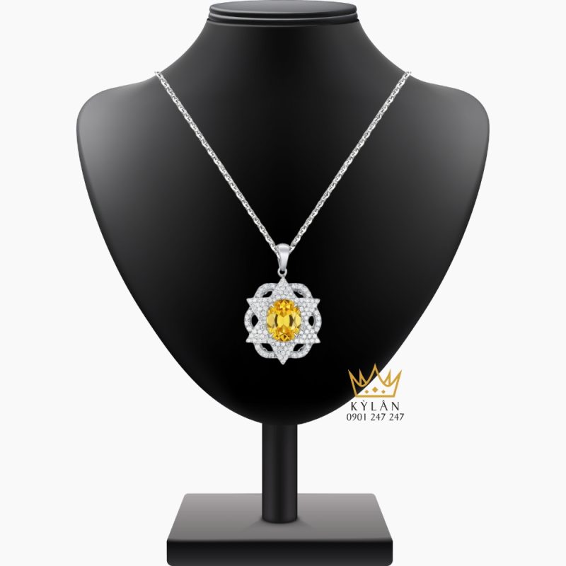 Mặt dây chuyền vàng trắng nguyên khối Au750 đính kim cương và đá Sapphire vàng