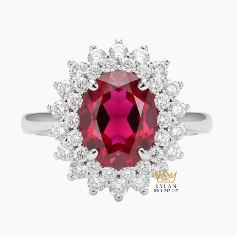 Nhẫn nữ vàng trắng nguyên khối Au750 đính kim cương và đá ruby