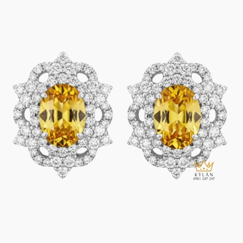 Bông tai vàng trắng Au750 đính kim cương và đá Sapphire vàng