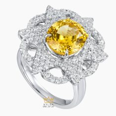 Nhẫn nữ vàng trắng nguyên khối Au750 đính kim cương và đá Sapphire vàng