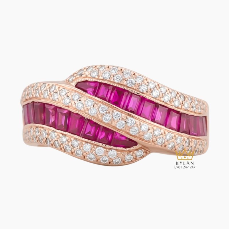Nhẫn nữ vàng hồng Au750 đính kim cương & ruby hồng