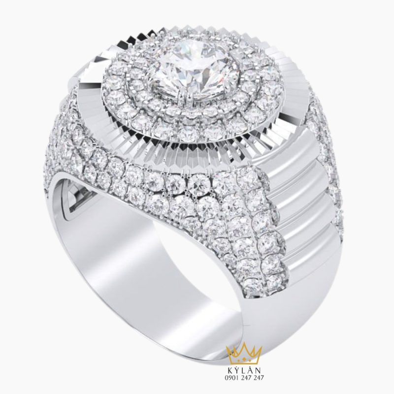 Nhẫn nam vàng trắng nguyên khối Au750 đính kim cương