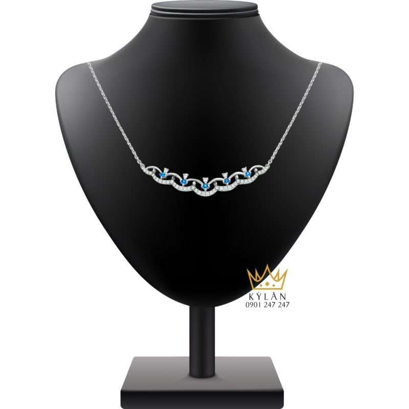 Dây chuyền vàng trắng nguyên khối Au750 đính kim cương và đá Topaz xanh