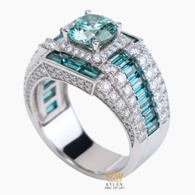 Nhẫn nam vàng trắng Au750 đính kim cương và xanh lục