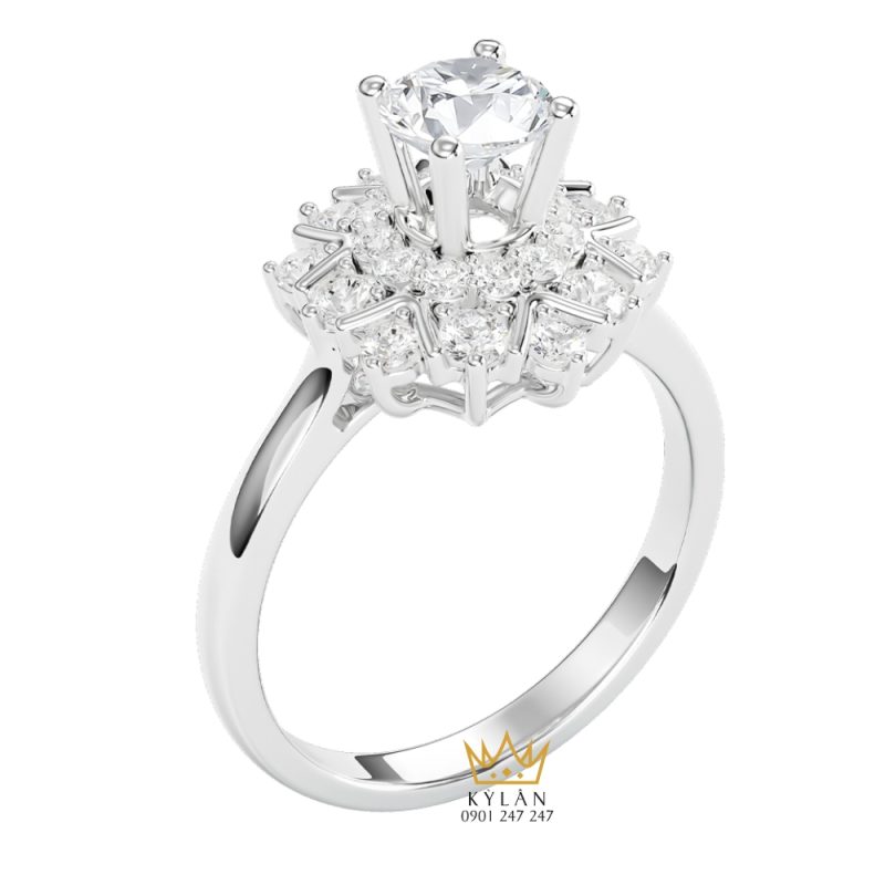 Nhẫn nữ kim cương vàng trắng nguyên khối Au750 