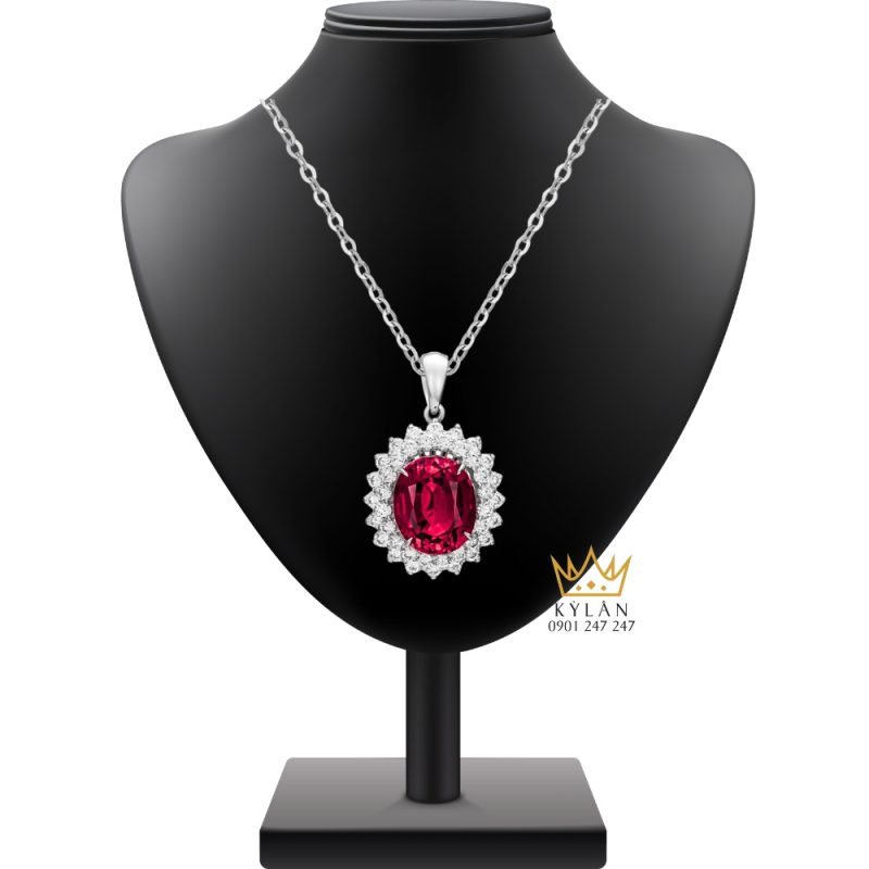 Mặt dây chuyền vàng trắng nguyên khối Au750 đính kim cương và đá ruby