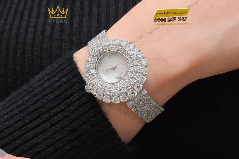 Đồng hồ vàng trắng Au750 đính kim cương 6ly3