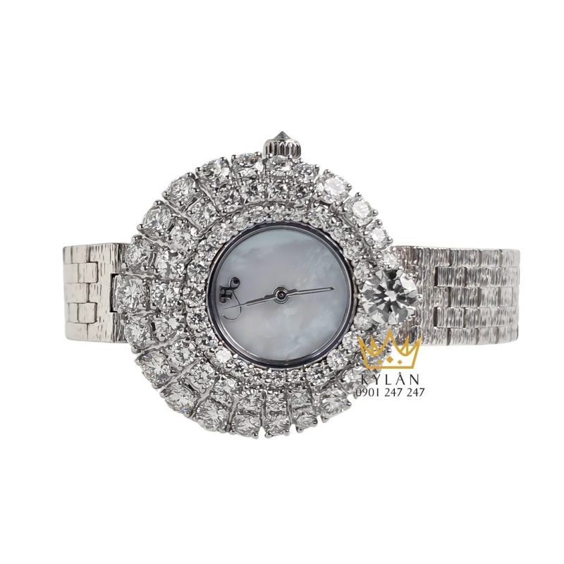 Đồng hồ vàng trắng Au750 đính kim cương 6ly3