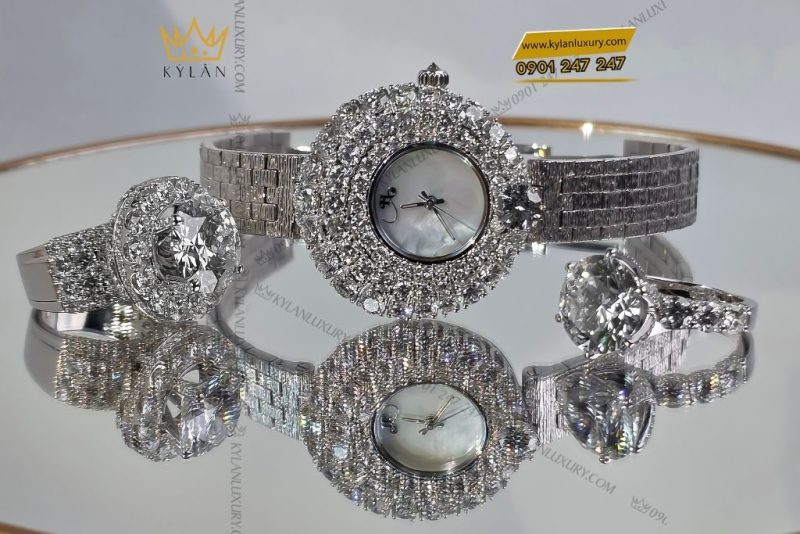Đồng hồ vàng trắng Au750 đính kim cương 6ly3