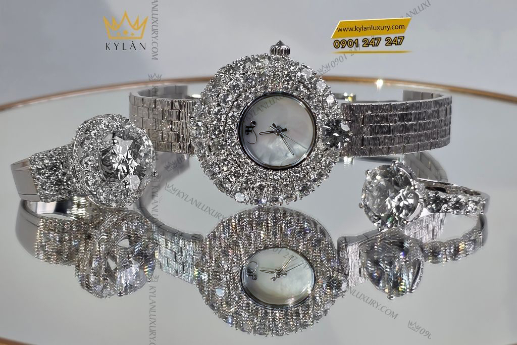 Kỳ Lân Luxury dong ho vang trang au750 dinh kim cuong 2 1 Đồng hồ vàng trắng Au750 đính kim cương 6ly3