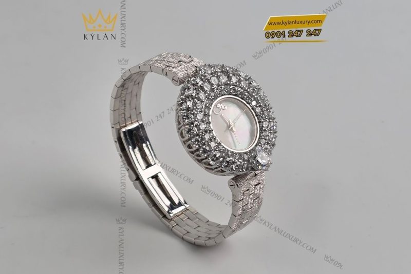Đồng hồ vàng trắng Au750 đính kim cương 6ly3