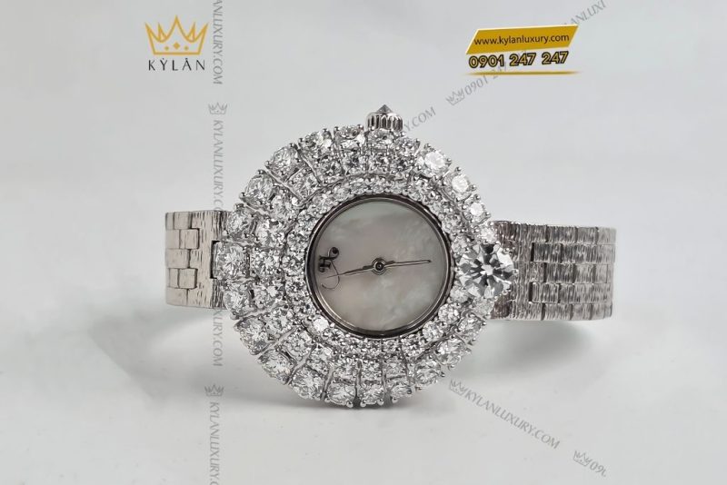 Đồng hồ vàng trắng Au750 đính kim cương 6ly3