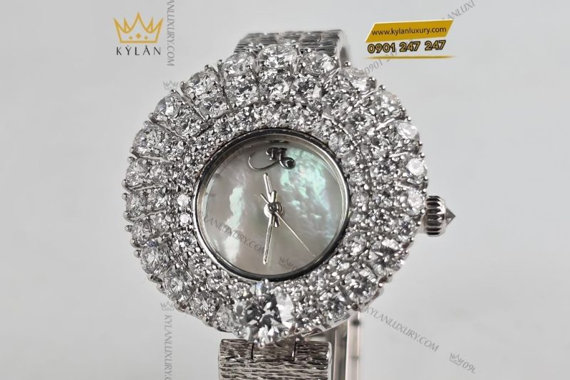 Đồng hồ vàng trắng Au750 đính kim cương 6ly3