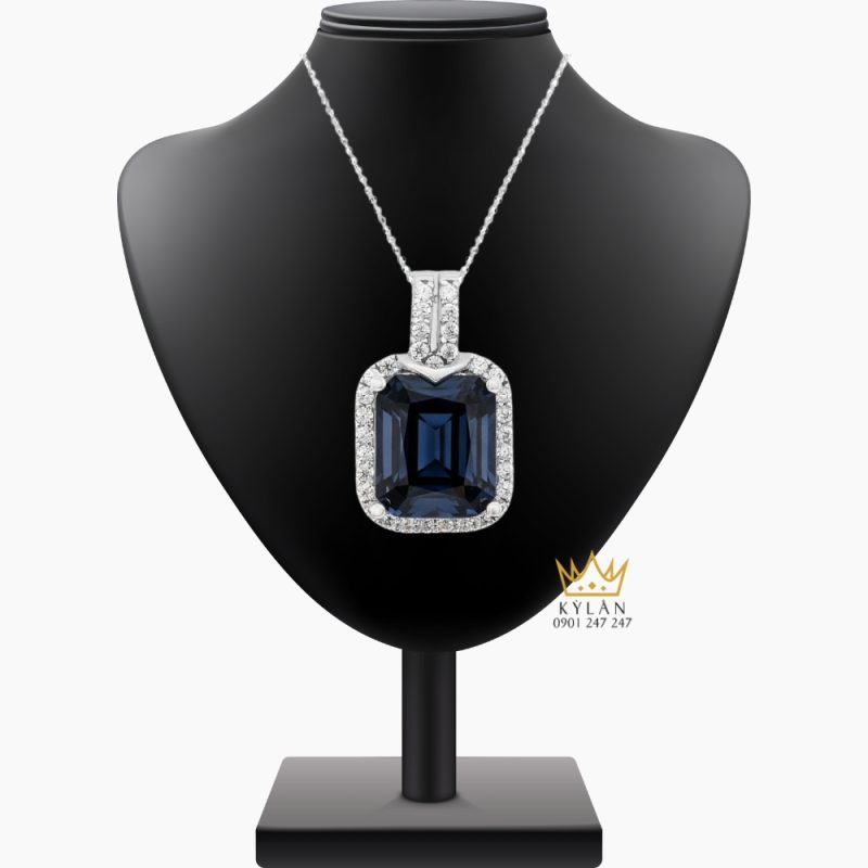 Mặt dây chuyền vàng trắng Au750 đính đá sapphire xanh