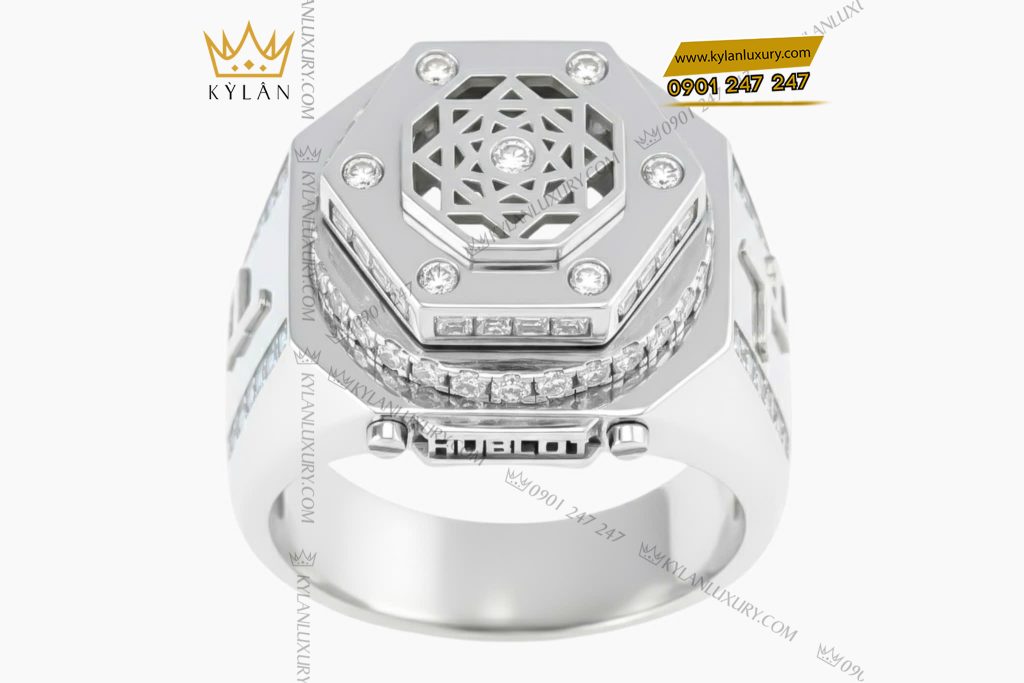 Nhẫn Hublot vàng trắng nguyên khối Au750 đính kim cương