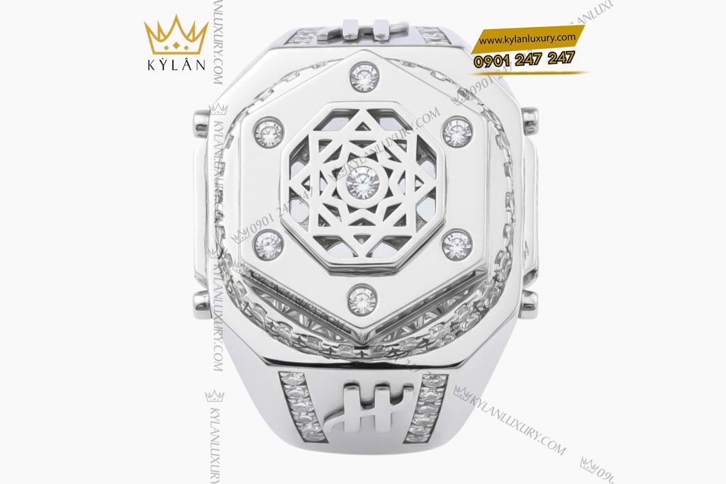 Nhẫn Hublot vàng trắng nguyên khối Au750 đính kim cương