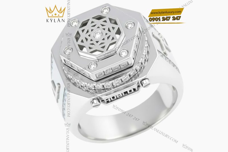 Nhẫn Hublot vàng trắng nguyên khối Au750 đính kim cương