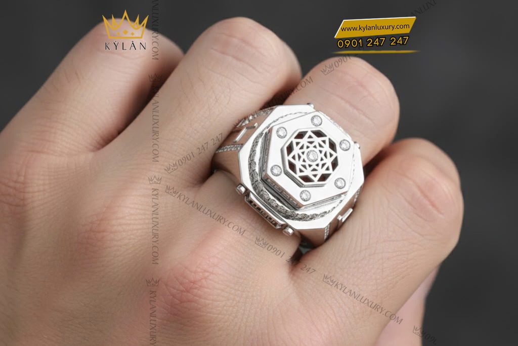 Kỳ Lân Luxury n7 Nhẫn Hublot vàng trắng nguyên khối Au750 đính kim cương