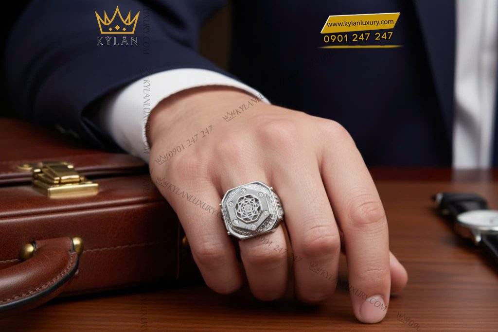 Nhẫn Hublot vàng trắng nguyên khối Au750 đính kim cương