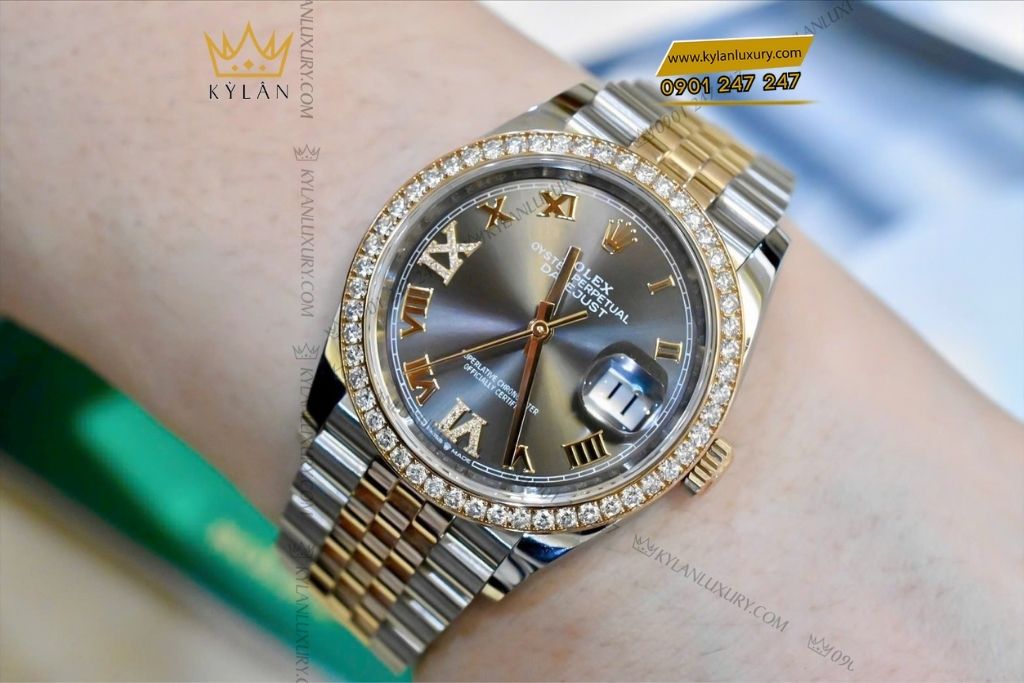 Kỳ Lân Luxury rolex datejust 36 126281rbr 0011 5 Đồng hồ Rolex Datejust 36 xám La Mã kim cương 126281RBR-0011