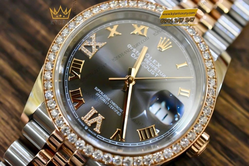 Kỳ Lân Luxury rolex datejust 36 126281rbr 0011 7 Đồng hồ Rolex Datejust 36 xám La Mã kim cương 126281RBR-0011