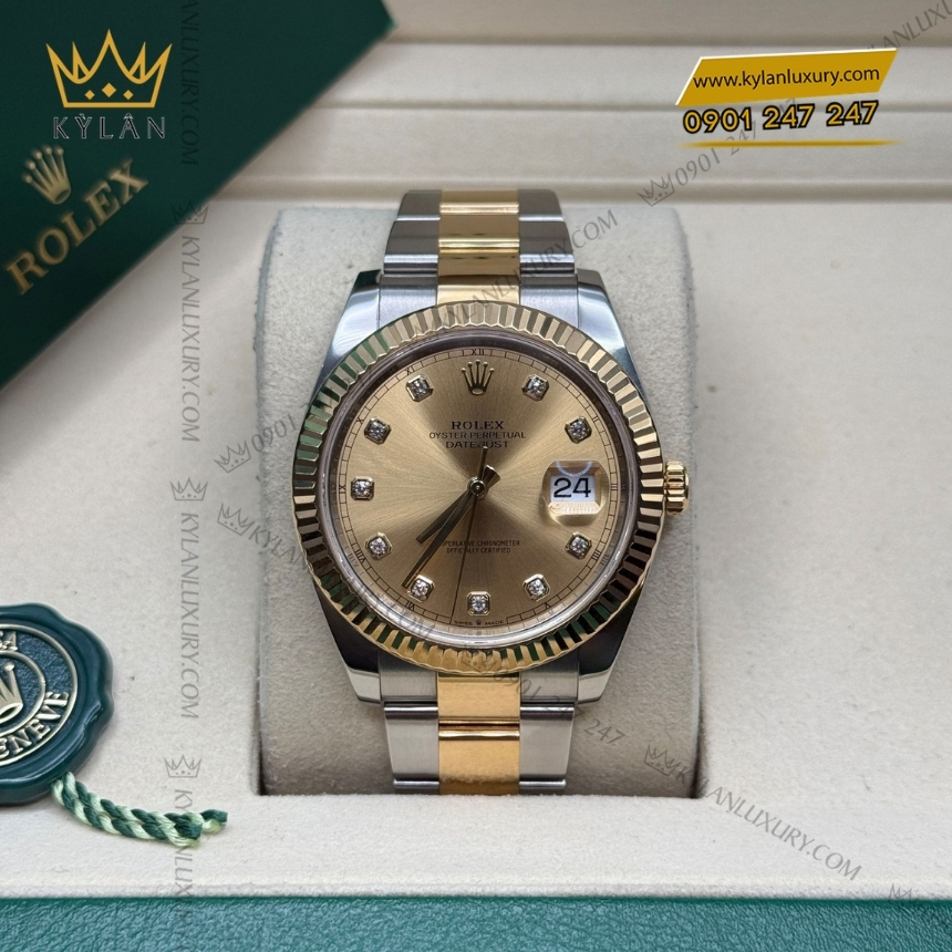 Kỳ Lân Luxury rolex datejust 41 coc kim cuong 126333 0011 3 Đồng hồ Rolex Datejust 41 mặt champagne dây oyster 126333-0011