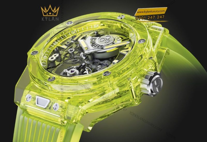 Vỏ SAXEM vàng neon đánh bóng và phun mờ của Hublot Big Bang, phản chiếu ánh sáng rực rỡ như pha lê.