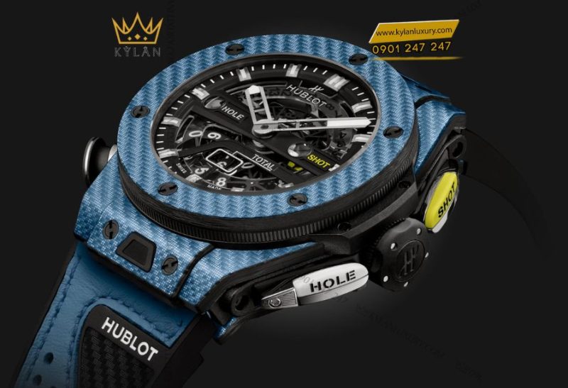 Cận cảnh vỏ carbon kết hợp Texalium xanh dương của Hublot Big Bang Unico Golf Sky Blue Carbon, thể hiện độ nhẹ và độ bền vượt trội.
