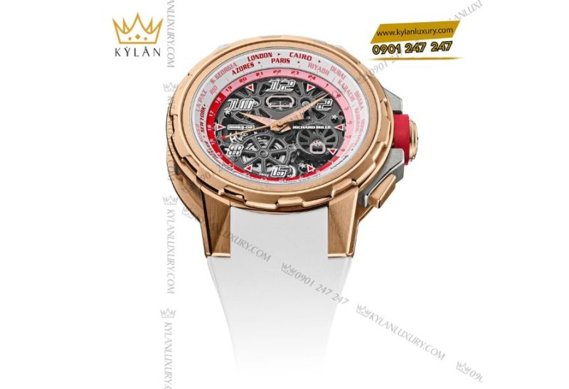 Richard Mille RM 63-02 Worldtimer mặt trước với bezel vàng 5N và vòng 24 múi giờ.