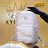 Balo da cá Alligator white đính logo vương miện và chữ Bella vàng Au750