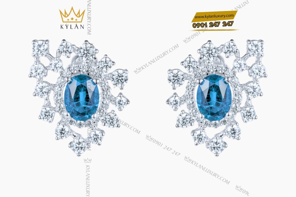 Bông tai vàng trắng Au750 đính kim cương và đá Topaz