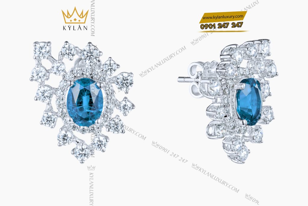 Bông tai vàng trắng Au750 đính kim cương và đá Topaz