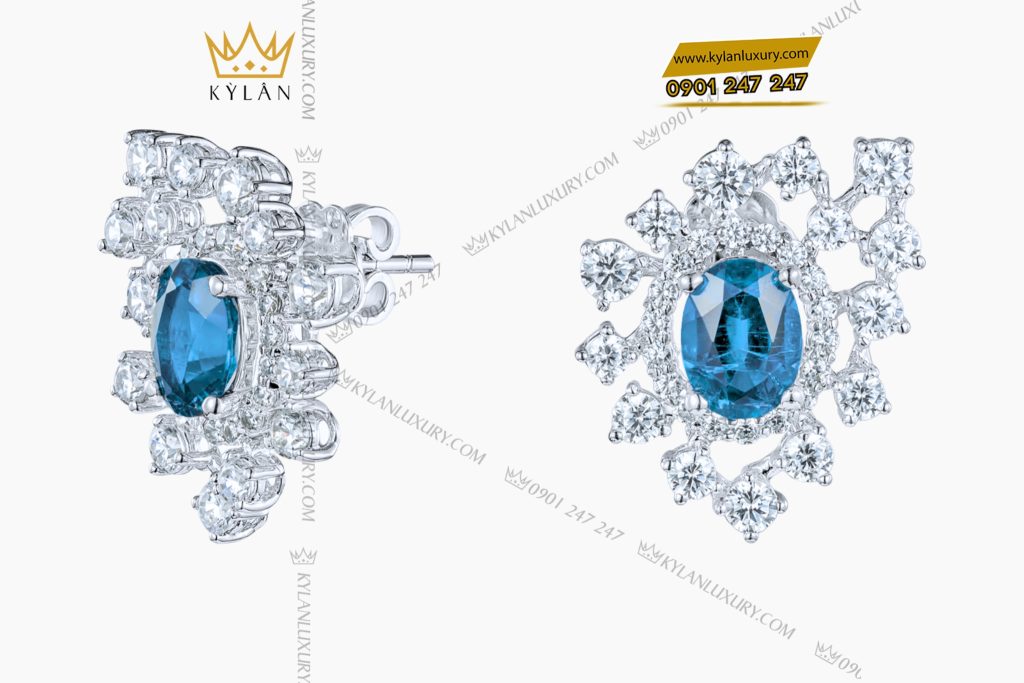 Bông tai vàng trắng Au750 đính kim cương và đá Topaz