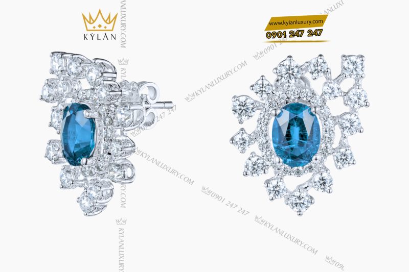 Bông tai vàng trắng Au750 đính kim cương và đá Topaz