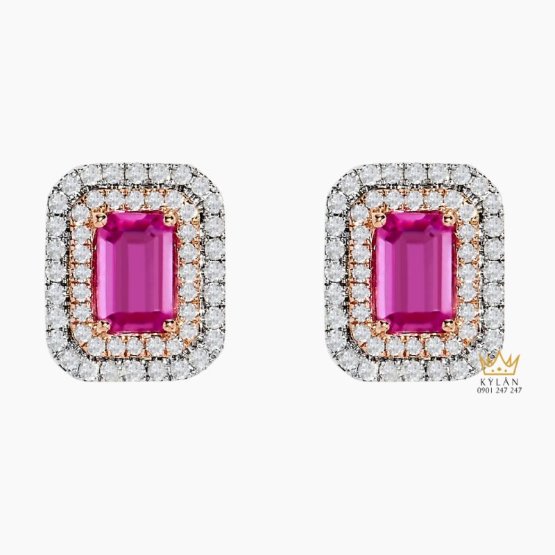Bông tai vàng Au750 đính kim cương và đá quý hồng