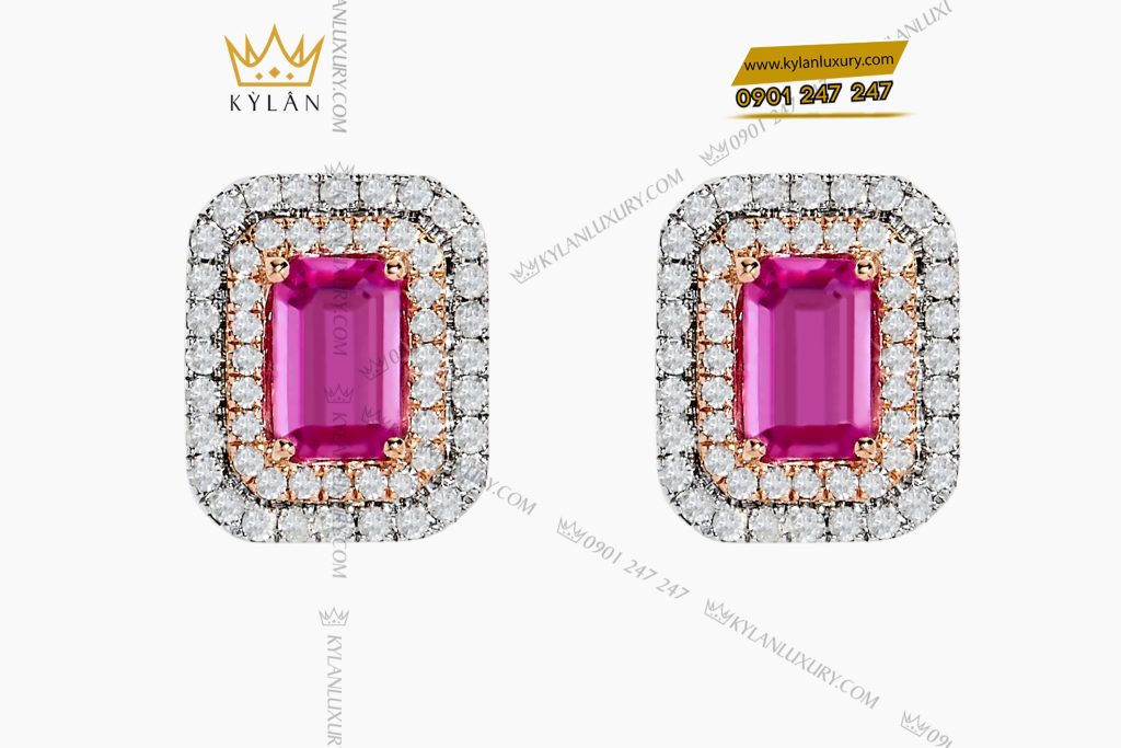 Bông tai vàng Au750 đính kim cương và đá quý hồng 2 Bông tai vàng trắng Au750 đính kim cương và đá quý hồng