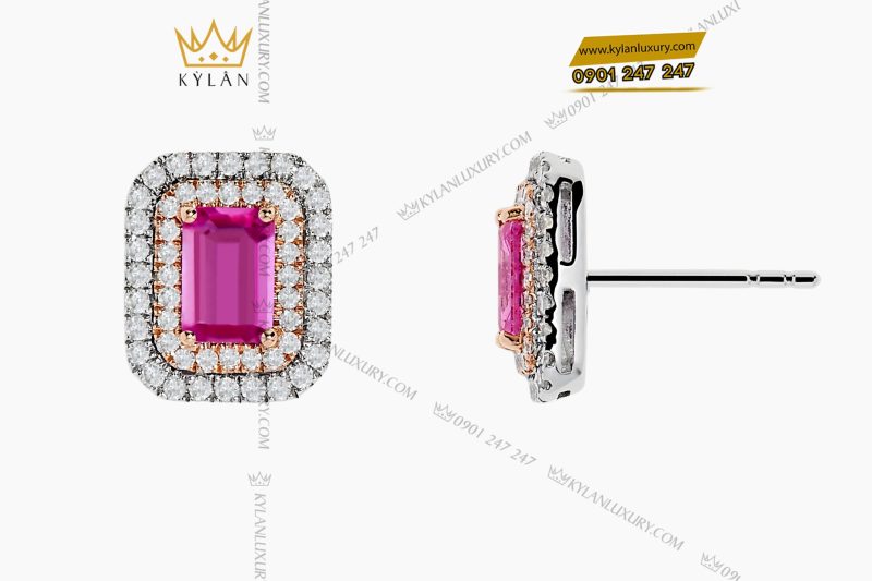 Bông tai vàng Au750 đính kim cương và đá quý hồng