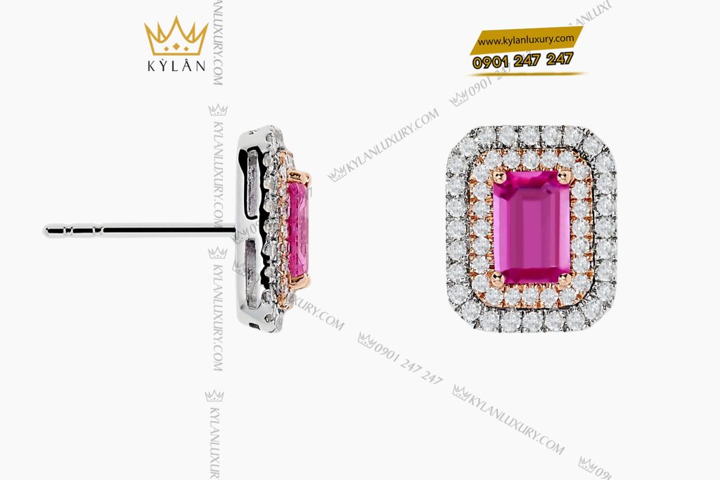 Bông tai vàng Au750 đính kim cương và đá quý hồng 5 Bông tai vàng trắng Au750 đính kim cương và đá quý hồng