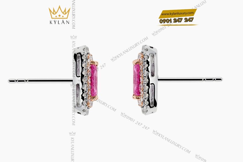 Bông tai vàng Au750 đính kim cương và đá quý hồng