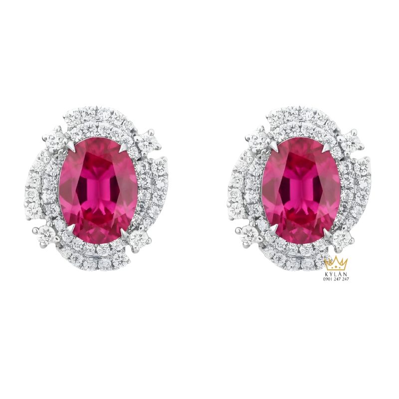 Bông tai vàng trắng Au750 đính kim cương và ruby hồng