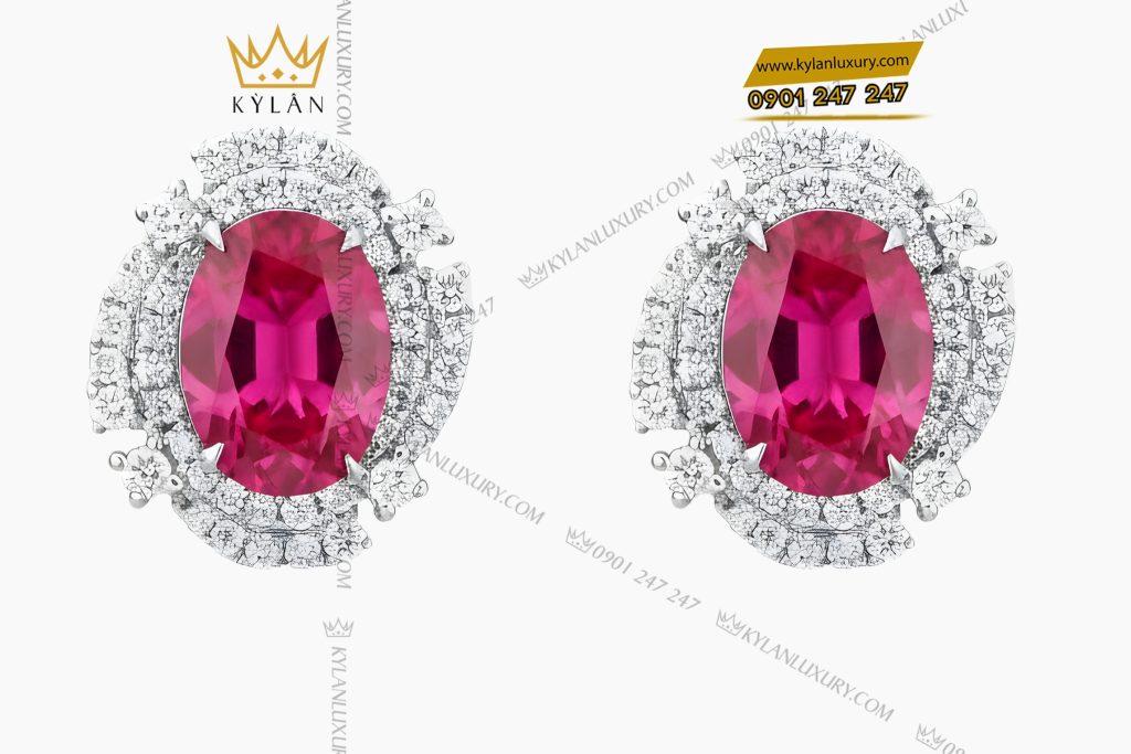 Bông tai vàng trắng Au750 đính kim cương và ruby hồng