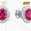 Bông tai vàng trắng Au750 đính kim cương và ruby hồng