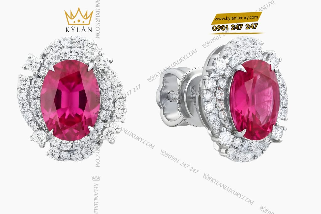 Bông tai vàng trắng Au750 đính kim cương và ruby hồng