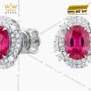 Bông tai vàng trắng Au750 đính kim cương và ruby hồng