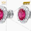 Bông tai vàng trắng Au750 đính kim cương và ruby hồng