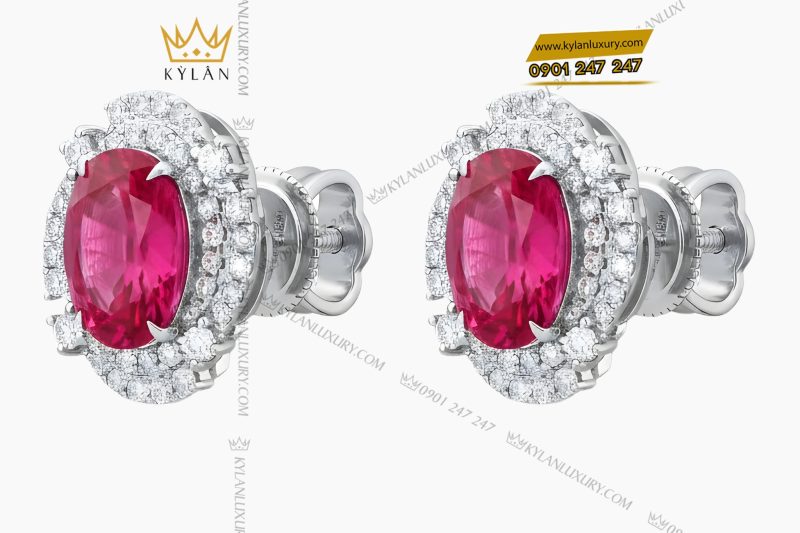 Bông tai vàng trắng Au750 đính kim cương và ruby hồng