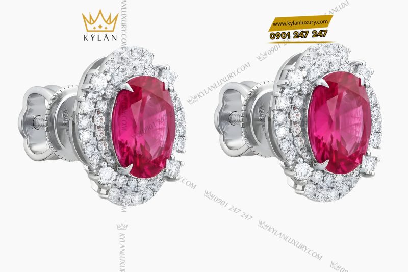 Bông tai vàng trắng Au750 đính kim cương và ruby hồng