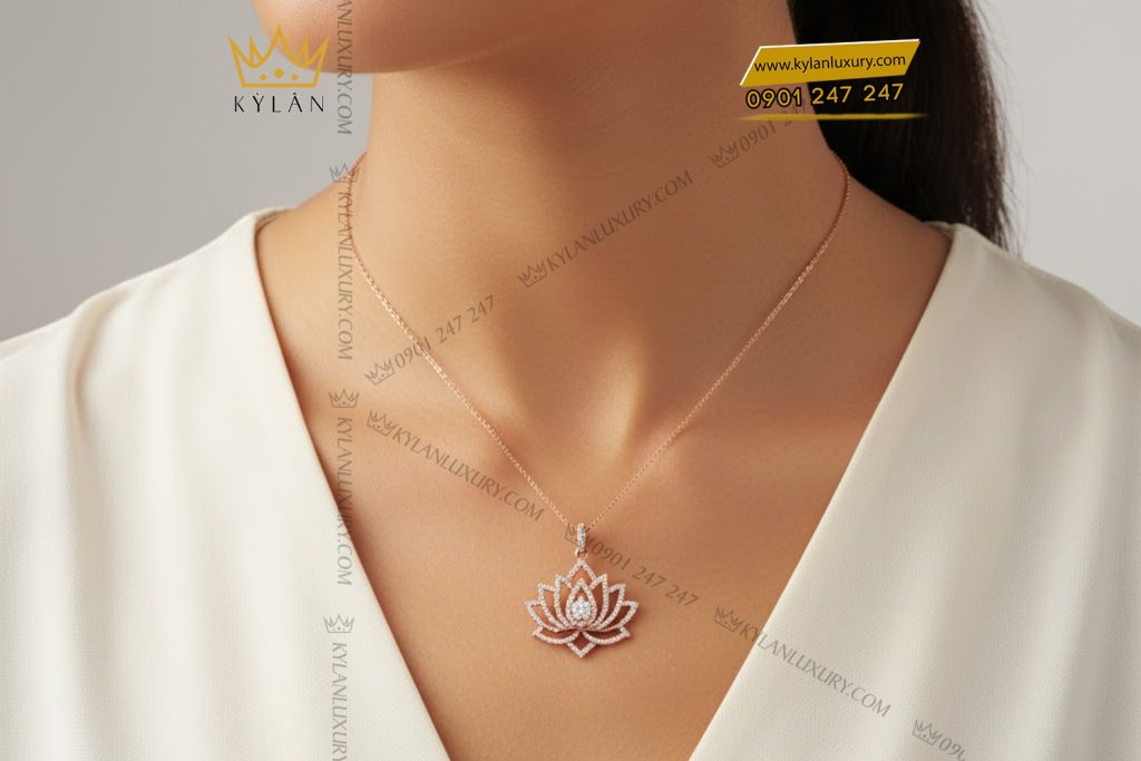 Kỳ Lân Luxury Day chuyen Hoa Sen vang hong Au750 dinh kim cuong 8 Dây chuyền Hoa Sen vàng hồng Au750 đính kim cương
