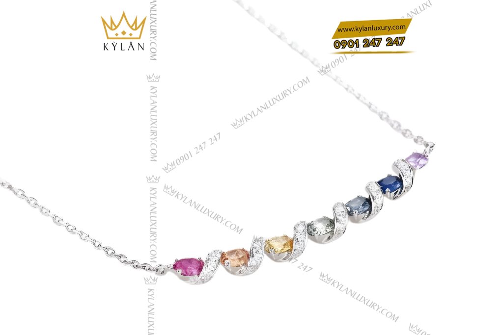 Kỳ Lân Luxury Day chuyen vang trang Au750 dinh kim cuong va da quy 6 Dây chuyền vàng trắng Au750 đính kim cương và đá quý